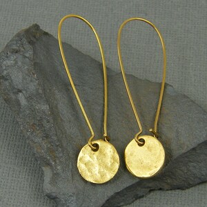 Long Gold Circle Earrings, Gold Disc Hammered Texture Rustic Dangle Pierced Earrings |EC1-34