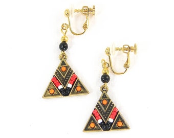 Red Geometric Clip on Earrings, Red Black Orange Gold Beaded Triangle Earrings, Aztec Southwestern Style Clip Earrings |EC3-15