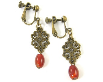 Carnelian Clip on Earrings, Rust Gemstone Clip Earrings, Antique Brass Filigree Clip on Earrings with Screw Back |EC2-40