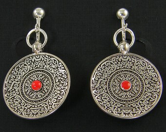 Mandala Clip on Earrings Silver, Boho Medallion Clip Earrings Red Silver Round Bohemian Earrings Yoga Jewelry Gifts Hippie Earrings |EC4-33