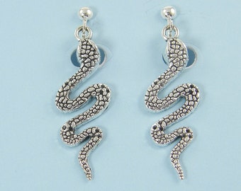 Long Silver Snake Clip on Earrings, Silver Reptile Lover Dangle Clip Earrings, Boho Snake Clip on Earrings, Animal Nature Jewelry |EC3-12
