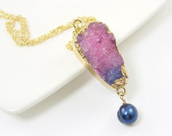 Purple Druzy Necklace, Pink Geode Necklace, Pink Stone Pendant Necklace, Pink Blue Pearl Necklace, Pink Agate Necklace, Purple Stone |NC1-4