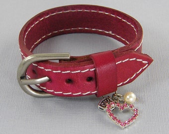 Red Leather Bracelet, Red Silver Bracelet, Heart Charm Jewelry, Gift for Her Girlfriend Woman |NK1