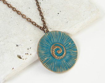 Boho Copper Sun Necklace, Copper Green Blue Spiral Coil Celestial Bohemian Round Circle Pendant Necklace |NC3-10