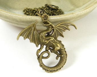 Dragon Necklace Bronze, Brass Dragon Pendant Necklace, Men's Women's Unisex Fantasy Jewelry Charm Necklace for Him Her |NC1-18