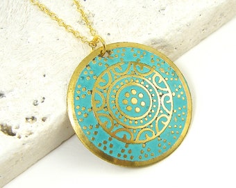 Turquoise Gold Medallion Necklace, Distressed Round Disc Ornate Boho Embossed Pendant Necklace |NC1-37