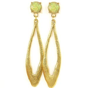 Long Gold Post Earrings, Green Earrings, Long Oval Earrings, Long Green Gold Earrings, Long Textured Green Dangle Pierced Earrings EC3-28 image 2
