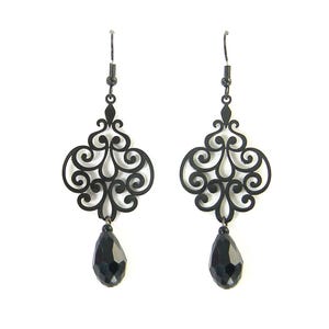 Long Victorian Black Chandelier Earrings, Gothic Intricate Lace Black Filigree Dangle PIERCED Earrings |EC11-7