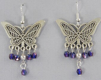 Butterfly Earrings, Butterfly Chandelier Earrings, Silver and Purple Bead Earrings, Lavender Pearl Dangle Insect PIERCED Earrings |EC8-11