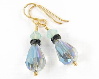 Aqua Dangle Earrings, Boho Aqua Glass Bead Earrings, Aqua Crystal Teardrop Earrings, Aqua Black Gold Drop PIERCED Earrings |EC8-19