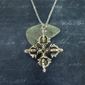 Antique Silver Double Vajra Pendant Necklace, Tibetan Buddhist Symbol Jewelry |NC1-38