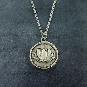 Silver Lotus Flower Necklace, Round Silver Lotus Blossom Pendant Necklace, Yoga Zen Medallion Mindfulness Nature Jewelry |NU2-7