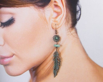 Long Copper Feather Earrings, Verdigris Patina Green Flower, Long Boho Botanical Plant Lover's Gift Nature Inspired PIERCED Earrings |EC8-24