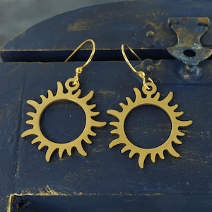 Gold Sunburst Dangle Earrings, Modern Cutout Sun PIERCED Earrings, Celestial Inspired Jewelry |EC12-29