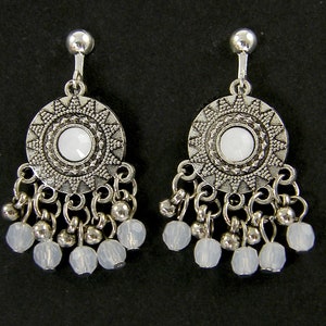 White Boho Clip on Earrings, Silver Tribal Dangle Clip Earrings, White Beaded Clip on Earrings, Celestial Sun Clip on Earrings |EC6-17