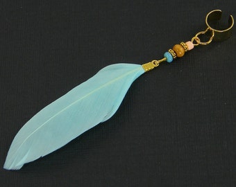 Aqua Feather Ear Cuff in Gold, Turquoise and Gold Feather Dangles Earcuff Non Pierced Earring |EC10-16