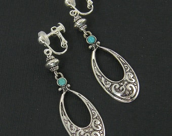 Bohemian Silver Clip on Earrings, Turquoise Silver Clip Earrings, Ornate Southwestern Filigree Silver Blue Dangle Clipon Earrings |EC7-6