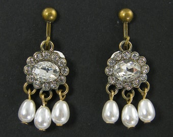 Small Vintage Style Chandelier Clip on Earrings, Clear Rhinestone White Pearl Dangle Clip Earrings, Victorian Screw Back Earrings |EC4-15