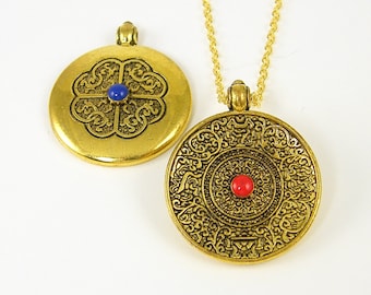 Gold Tribal Pendant Necklace, Gold Mandala Necklace, Gold Tibetan Necklace, Ornate Medallion Blue Red Gold Pendant Necklace |NC2-26 AN2-5
