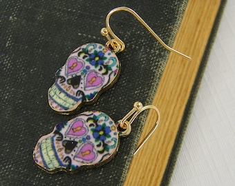 Colorful Sugar Skull Earrings, Multicolor Day of the Dead Dangling Earrings, Dia de los Muertos PIERCED Earrings |EC7-32