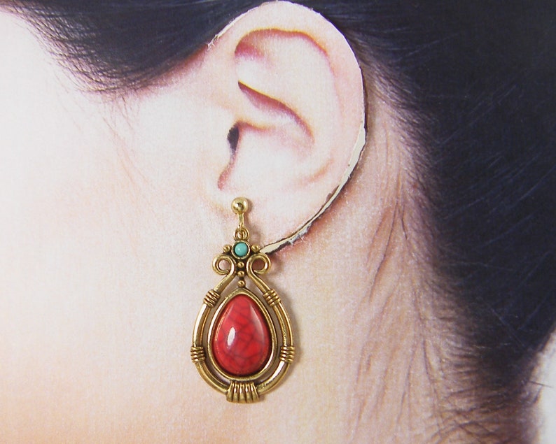 Red Clip on Earrings Red Gold Boho Teardrop Tribal Clip Etsy