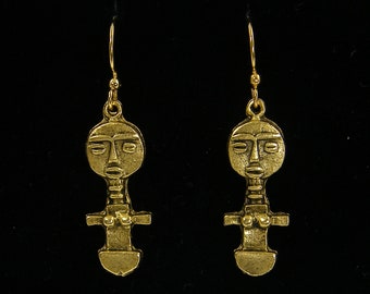 Tribal Person People Earrings, Ashanti Woman Women Female, Ethnic African Figurine Bronze Dangle PIERCED Earrings |EC3-86 Q3-5