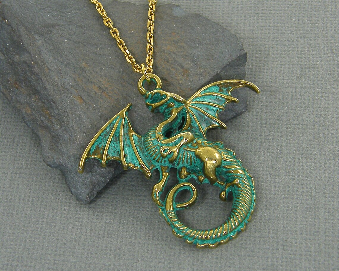 Dragon Necklace Gold Brass Verdigris Green Dragon Pendant Etsy