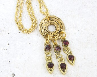 Boho Garnet Gold Tribal Necklace, Rustic Antique Gold Charm Necklace, Garnet Rhinestone Dangle Necklace, January Birthday Gift |NC1-9