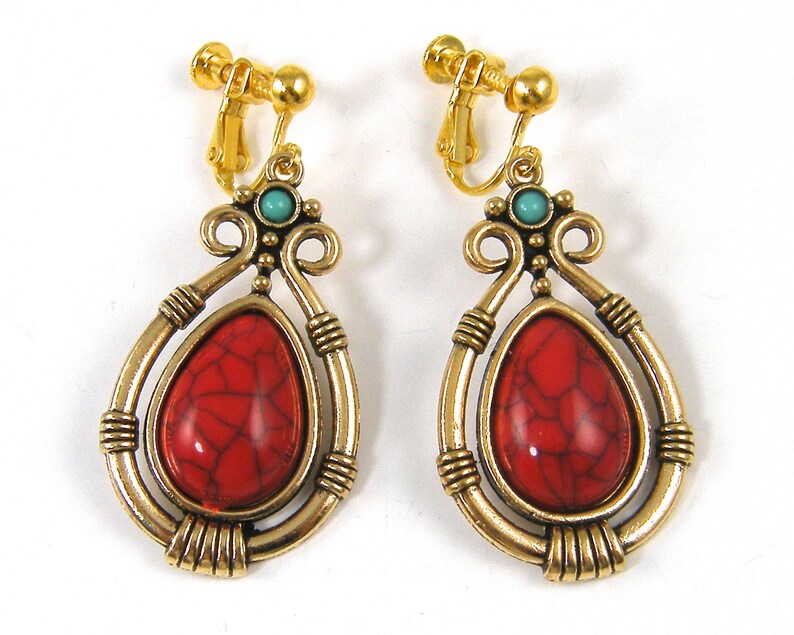 Red Clip on Earrings Red Gold Boho Teardrop Tribal Clip Etsy