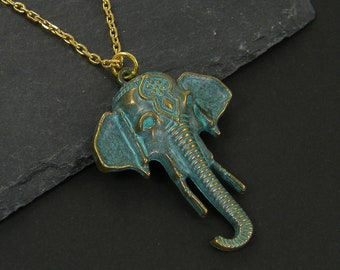 Elephant Necklace Gold, Brass Verdigris Green Elephant Jungle Animal Necklace, Men's Women's Unisex Wild Animal Jewelry for Him Her |NC2-32