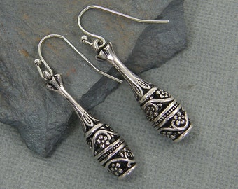 Silver Vessel Earrings, Ornate Flower Floral Vase Bottle Dangle PIERCED Earrings |EC3-33