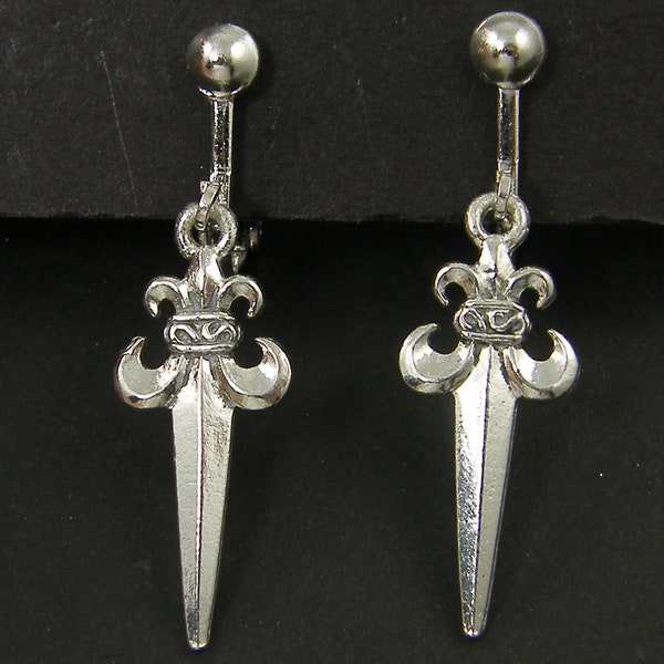 Silver Dagger Clip on Earrings, Silver Knife Sword Clip Earrings, Antique Silver Dangle Screw Back Earrings |EC5-9 Q2-4