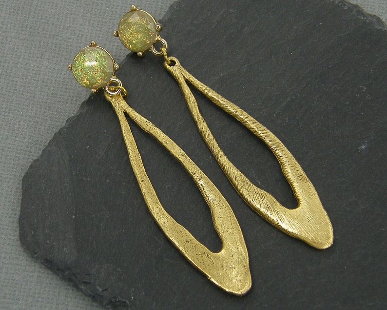 Long Gold Post Earrings, Green Earrings, Long Oval Earrings, Long Green Gold Earrings, Long Textured Green Dangle Pierced Earrings EC3-28 image 1