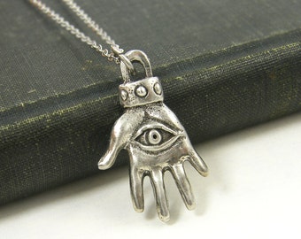 Silver Hamsa Pendant Necklace, Hand Eye Charm Protection Hand of Fatima, Good Luck Boho Amulet, Hamsa Charm, Fatima Charm |GS1-25