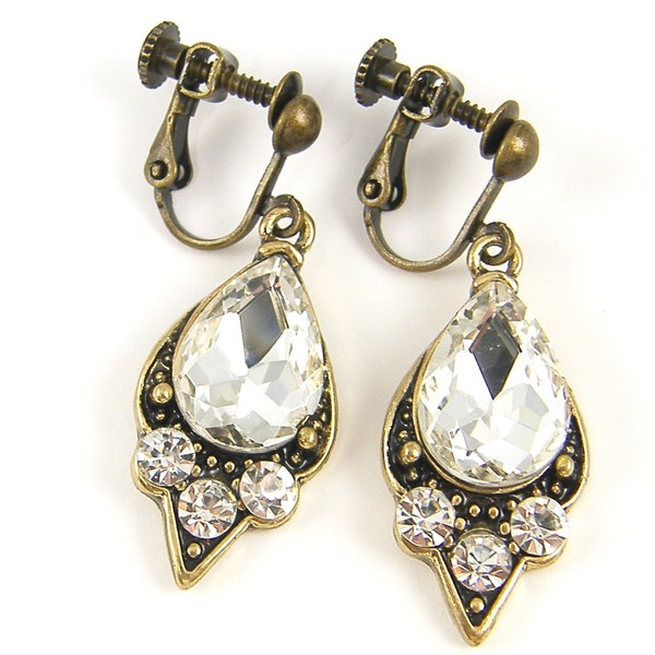 Clear Rhinestone Clip on Earrings, Teardrop Vintage Style Antique Brass Clear Crystal Drop Dangle Screw Back Clip Earrings |EC2-27