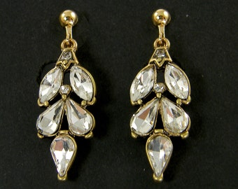 Vintage Style Clear Rhinestone Clip on Earrings, Dressy Clear Crystal Gold Leaf Dangle Mid-Length Clip on Earrings |EC7-8