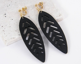 Extra Long Black Clip on Earrings, Boho Large Black Leaf Clip Earrings, Black Dangle Lightweight Clip on Earrings |EC8-7