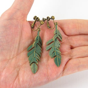 Long Bronze Leaf Clip on Earrings, Brass Leaves, Verdigris Patina Green Botanical Plant Lover's Gift, Fern Leaf Clip Earrings |EC1-46