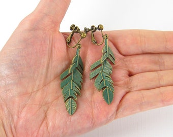 Long Bronze Leaf Clip on Earrings, Brass Leaves, Verdigris Patina Green Botanical Plant Lover's Gift, Fern Leaf Clip Earrings |EC1-46