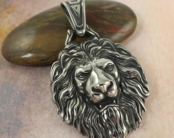 Lion Pendant Steel Silver, Men's Women's Lion's Head Pendant Wild Animal Gift for Him Her Unisex, Leo August Birthday Gift |NC4-09