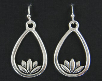 Silver Lotus Earrings, Lotus Flower Blossom Teardrop Dangle Serene Zen PIERCED Earrings Yoga Jewelry |EC6-5