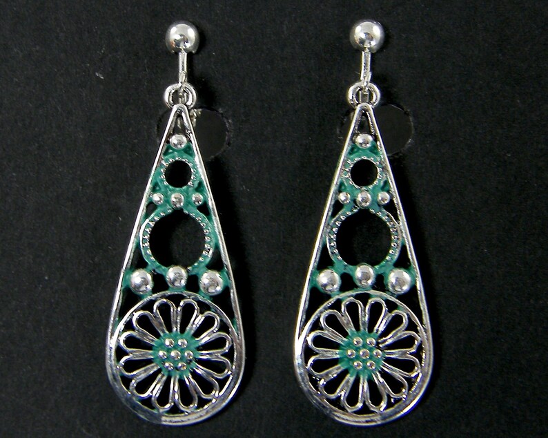 Silver Teardrop Clip on Earrings Silver Verdigris Green Etsy