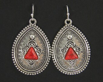 Boho Red Silver Earrings, Bohemian Teardrop Ornate Gypsy Pierced Earrings Ethnic Tribal Jewelry Gift for Her Wife Girlfriend Fiancee  |EC4-3