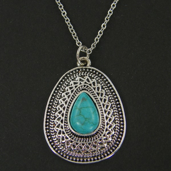 Turquoise Silver Teardrop Necklace, Boho Turquoise Teardrop Ornate Southwestern Gypsy Bohemian Braided Border Pendant Necklace |NC1-42