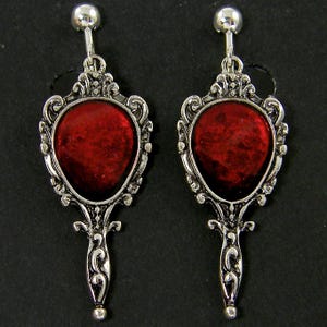 Dark Blood Red Antique Silver Clip on Earrings, Ornate Scarlet Goth Gothic Victorian Screw Dangle Mirror Vampire Fairy Tale Inspired |EC4-28