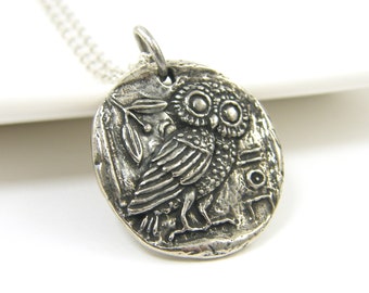 Silver Owl Pendant Necklace, Antique Pewter Bird Reversible Nature Jewelry, Athena's Owl Greek Mythology |GS1-28