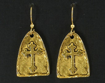 Rustic Gold Cross Earrings, Detailed Gold Budded Cross Dangle PIERCED Earrings, Christian Jewelry Gift, Religious Faith Gift |NU6-1
