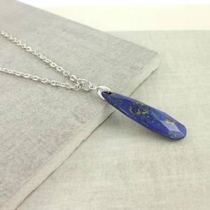 Long Lapis Pendant Necklace, Blue Gemstone Silver Boho Chic Necklace, Minimalist Jewelry Gift |NC1-17