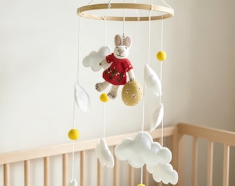 Wool Felt Bunny Mobile, Neutral Baby Shower Gift,  Hot Air Balloon Baby Crib Mobile, Neutral Nursery Decor