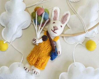 Mobile a forma di coniglietto in feltro di lana, regalo neutro per baby shower, mobile a forma di mongolfiera per culla, decorazione neutra per la cameretta dei bambini